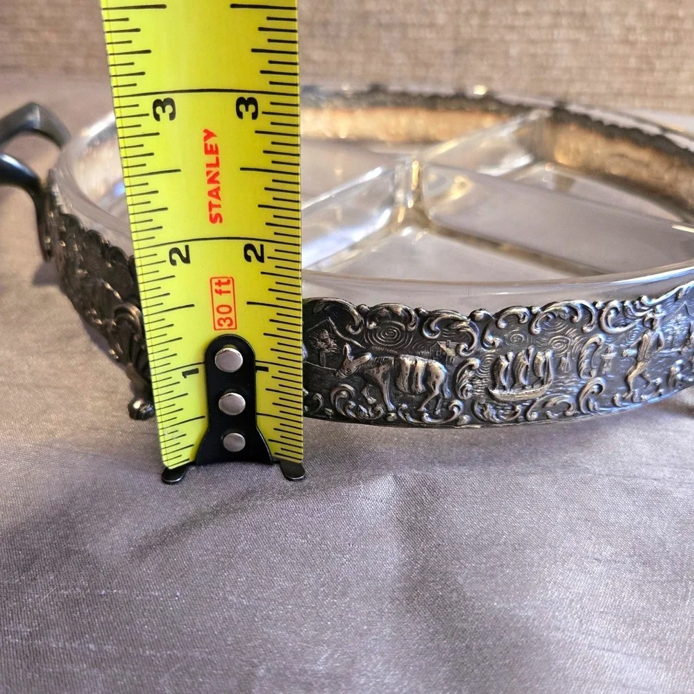 Holland Ware Vtg‎ Silver Plate Divided Footed Tray Glass Insert Dutch Scene